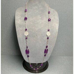 Long Filigree Mandala Necklace 42 In Purple Magenta Beads Silver Chain Elegant